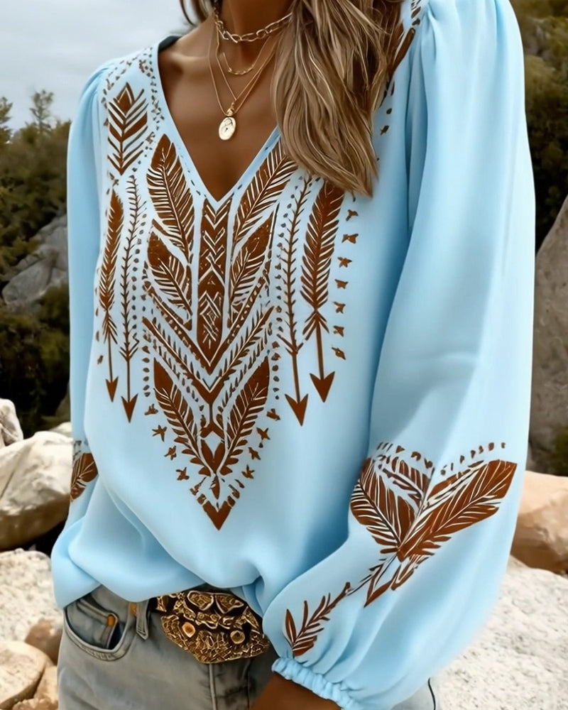 Ixavelle - Women's bohemian printed blouse with V-neck and puffed sleeves