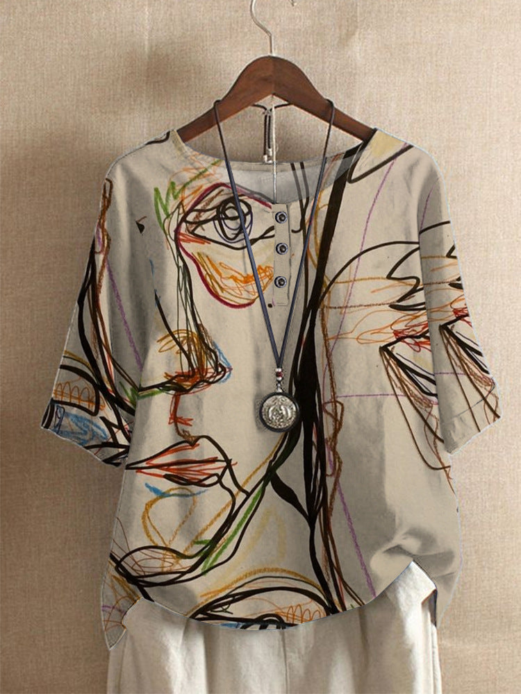 Averitha - Women's Artistic Printed 3/4 Sleeve Round Neck T-Shirt
