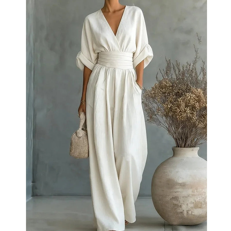 Daxelle - Women's Elegant V-Neck Belted Waist Wide-Leg Jumpsuit
