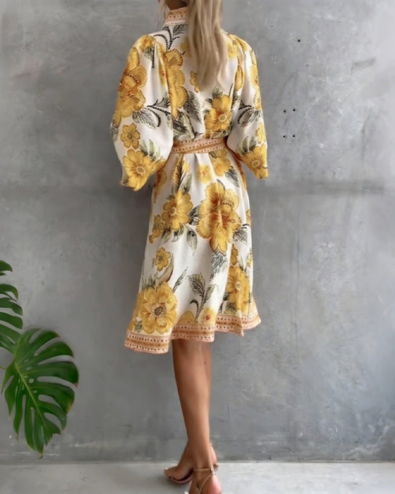 Glyssara - Women's Elegant Floral Dress with Lantern Sleeves and Buttons