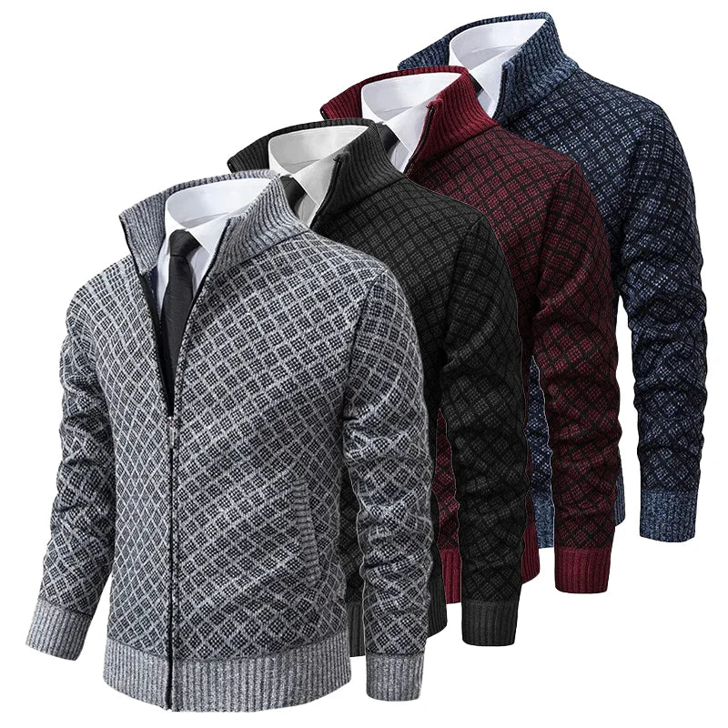 Fabian - Men's zipped stand-up collar cardigan, modern fit jacquard knit
