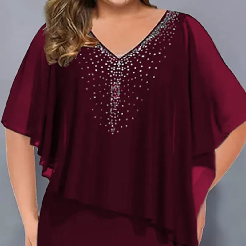Lorenne - Women's Cape Dress with Rhinestones and Chiffon Overlay