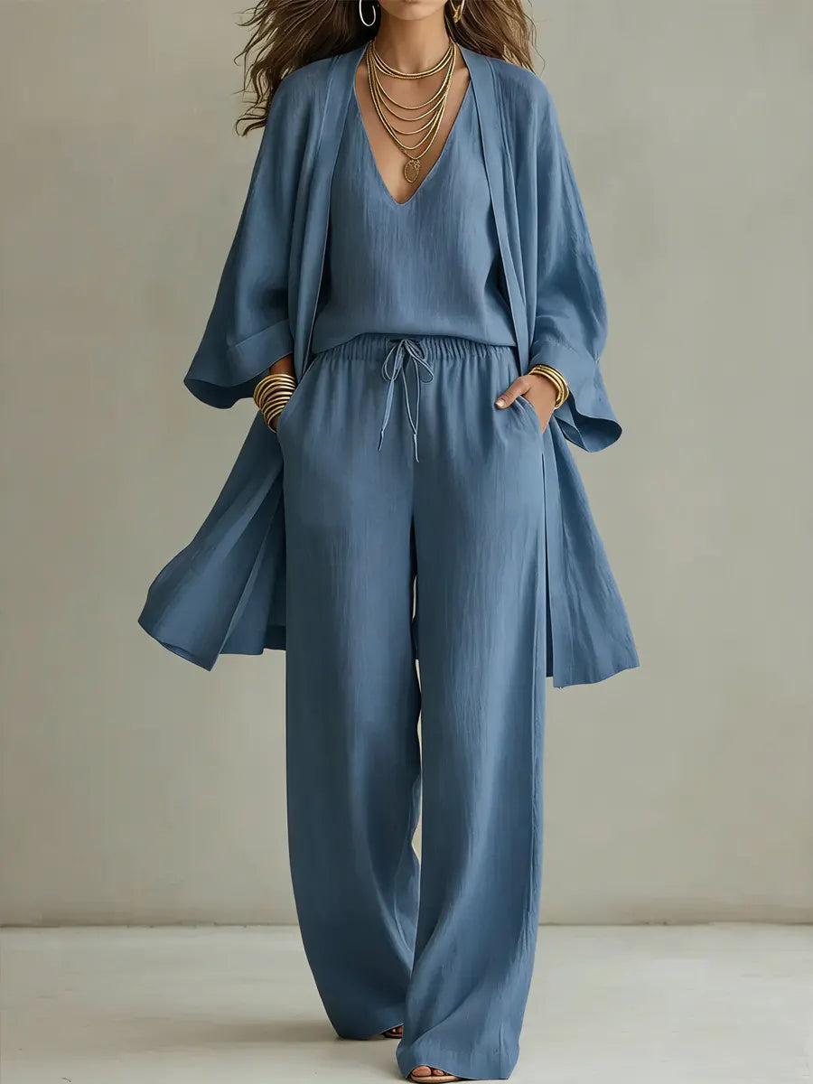 Solene - Women's Minimalist Cotton Linen Top and Elegant Trousers Set