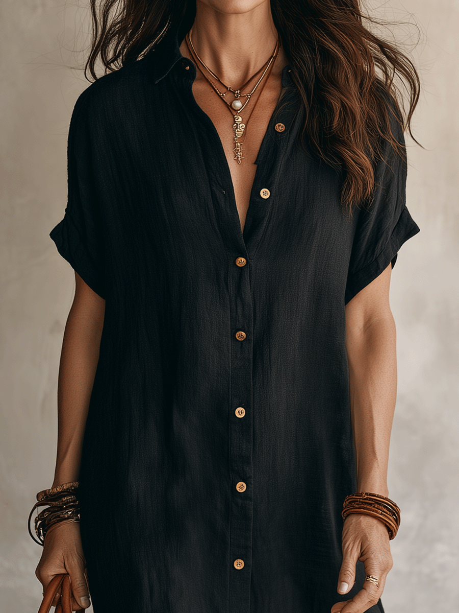 Quenovia - Women's Midi Linen Cotton Shirt Dress Buttoned Short Sleeves