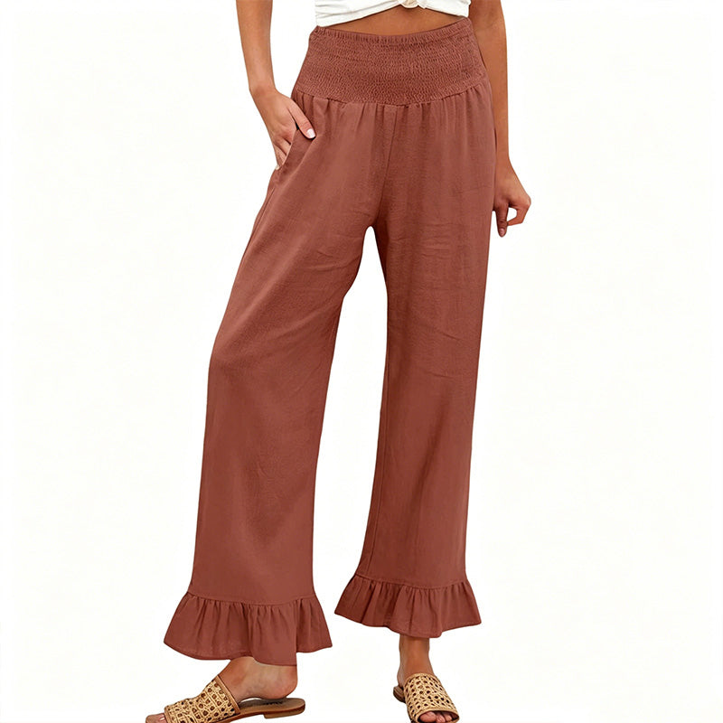 Dorexa - Women's High-Waisted Smocked Wide Leg Boho Cotton Linen Trousers