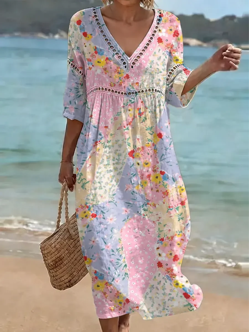 Bruneya - Women's Flowy Floral Patchwork V-Neck Summer Beach Dress