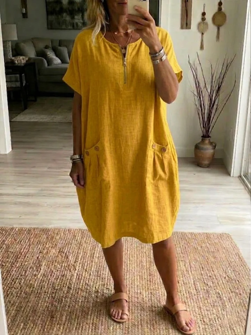 Sylexa - Women's Loose Fit Round Neck Dress with Front Zip, Casual Style