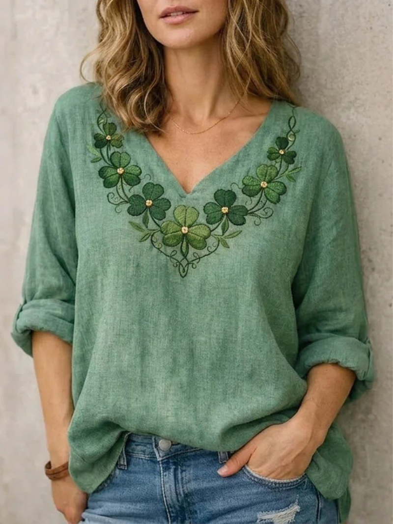 Jynelle - Elegant V-Neck Blouse with Embroidery