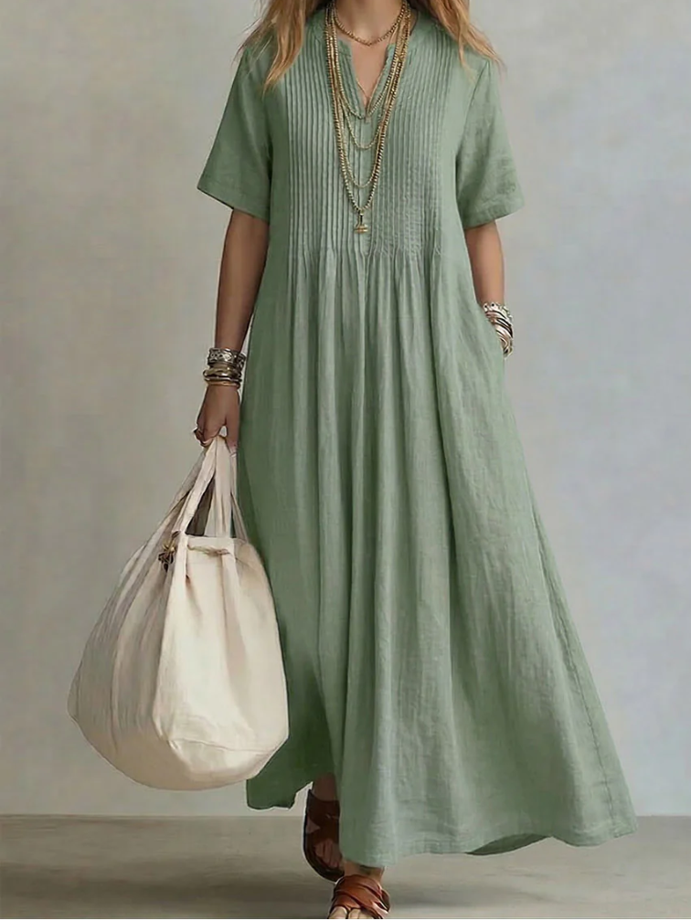Sylovelle - Women's Flowy Pleated Lightweight Cotton and Linen Maxi Dress