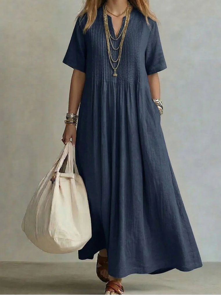 Sylovelle - Women's Flowy Pleated Lightweight Cotton and Linen Maxi Dress