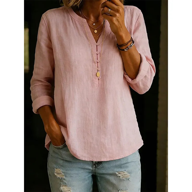 Vaelis - Women's Relaxed Fit V-Neck Shirt with Buttons