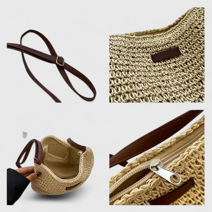 Mirelina - Women's Braided Raffia Crossbody Bag, Natural Boho Style