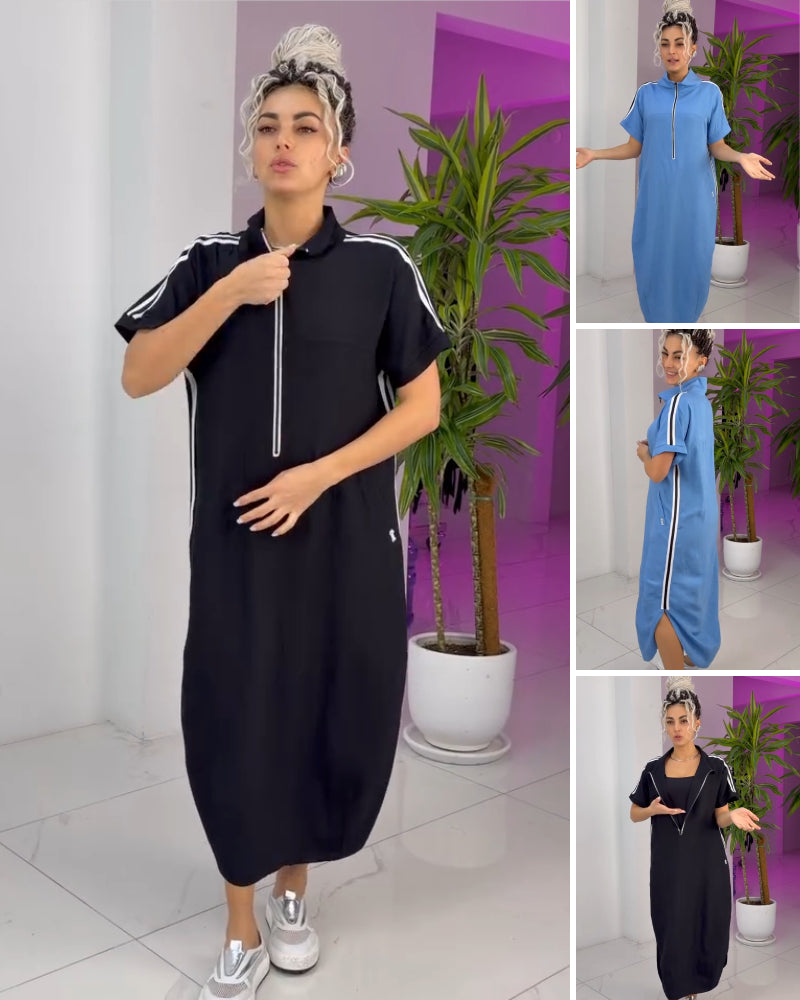 Gavrixa - Women's long zipped high-neck dress, fluid cut, sporty chic style, comfortable