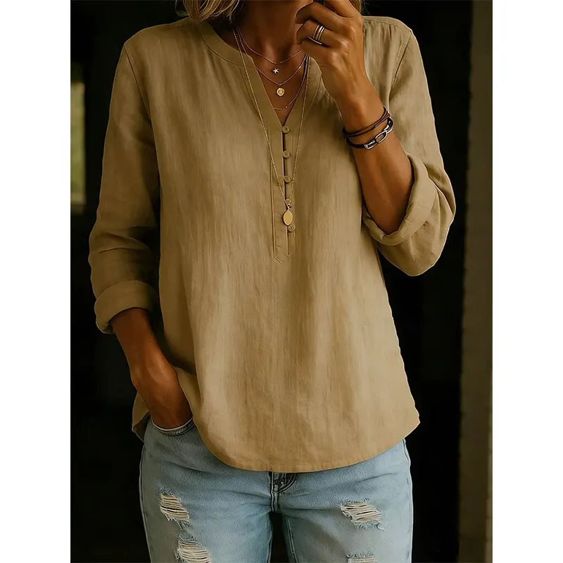 Vaelis - Women's Relaxed Fit V-Neck Shirt with Buttons
