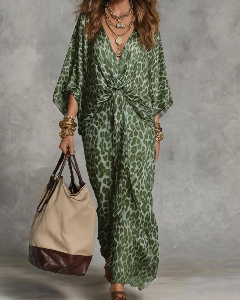 Ziva - Robe maxi femme léopard torsadée fluide à manches kimono