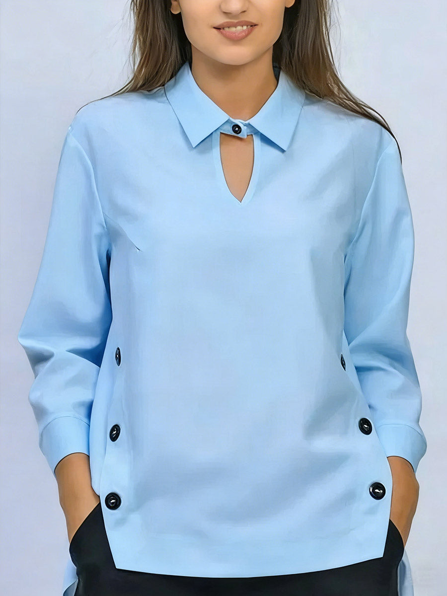 Pryxa - Women's Shirt Classic Collar Elegant Opening Long Sleeves Minimalist