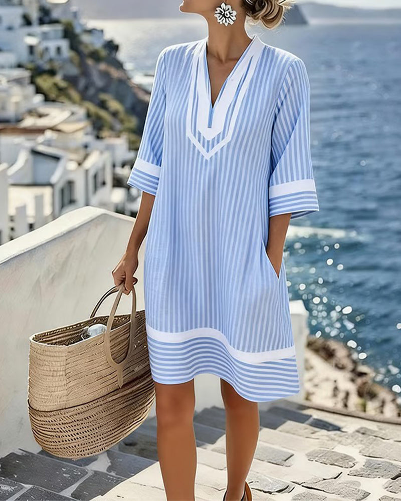 Telyxa - Women's Flowy Striped V-Neck Summer Dress