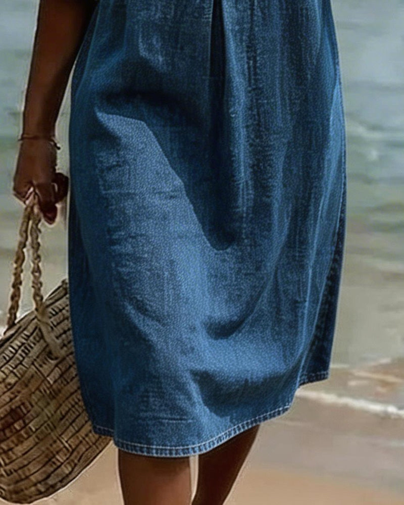 Fynorae - Women's denim dress with ruffled sleeves, flowy cut, for summer beach
