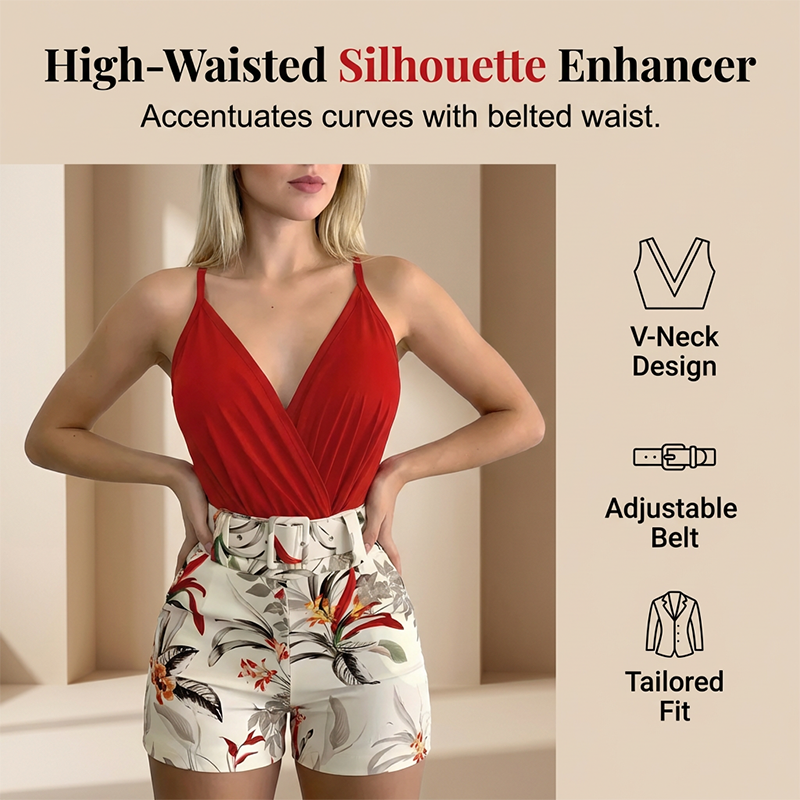 Talyndra - Elegant Tropical Set with High-Waisted Shorts and V-Neck