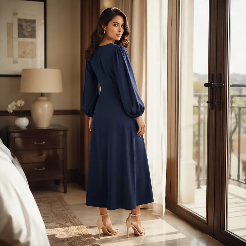 Réjane - Robe maxi femme à col V et manches bouffantes