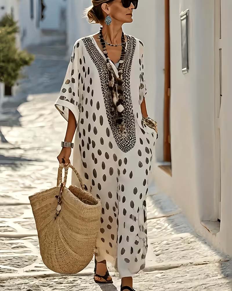 Hynovia - Women's Maxi Kaftan Dress with Polka Dot Print, V-Neck and Ethnic Trim