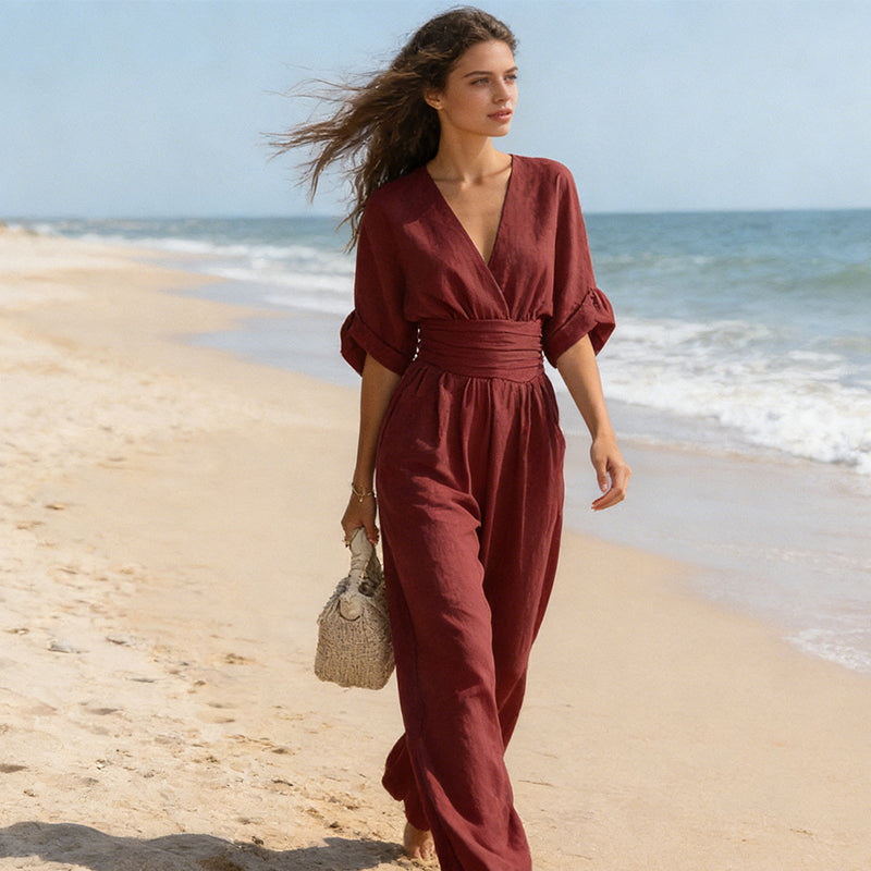 Daxelle - Women's Elegant V-Neck Belted Waist Wide-Leg Jumpsuit