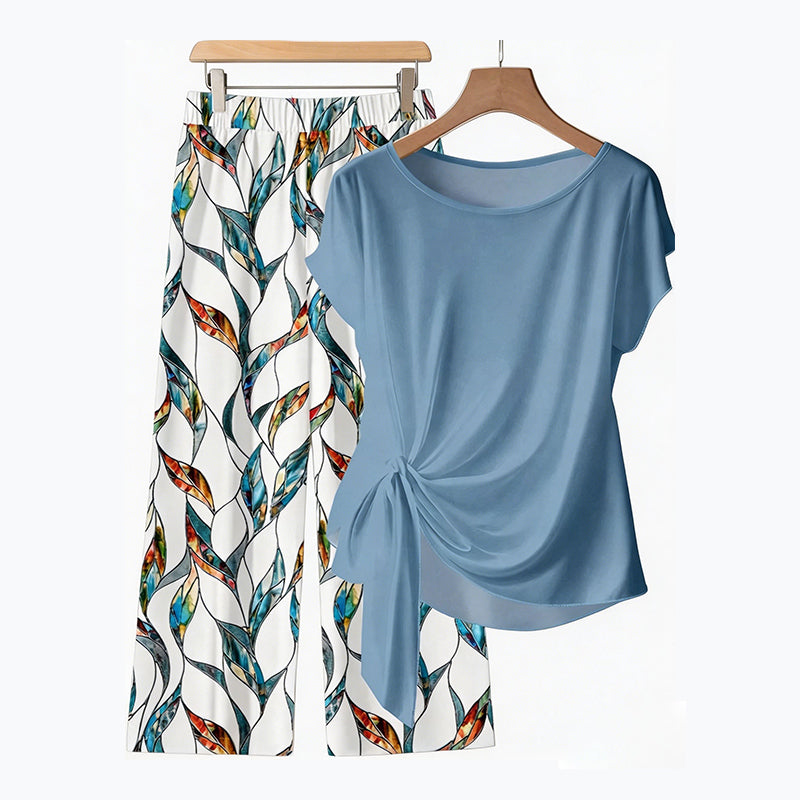 Bryselle - Two-piece women's set with knotted top and fluid printed trousers