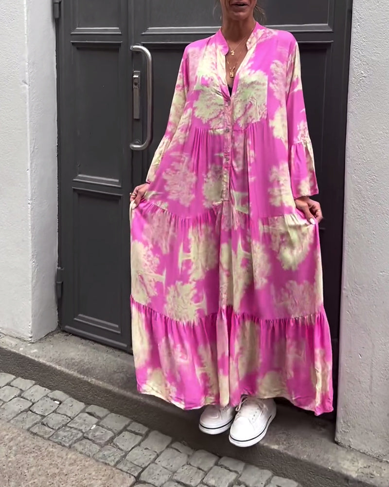 Greta - Loose Patchwork Dress with V-Neck and Printed Bell Sleeves