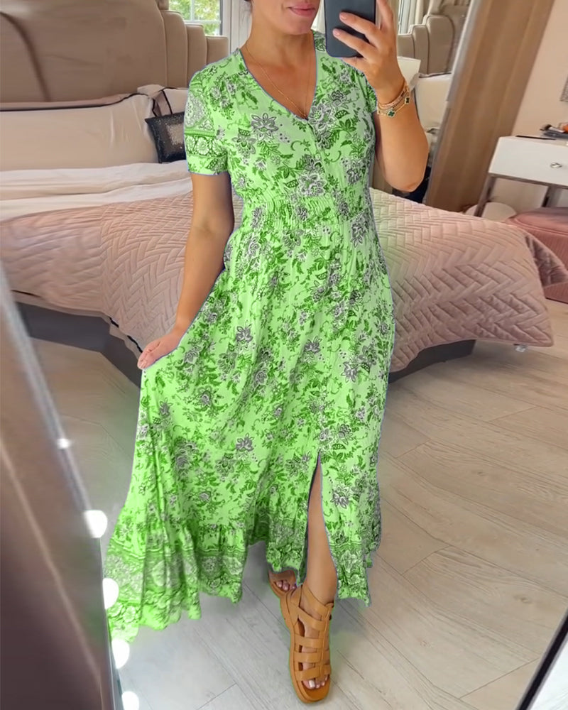 Denise - Floral Print Maxi Dress with V-Neckline