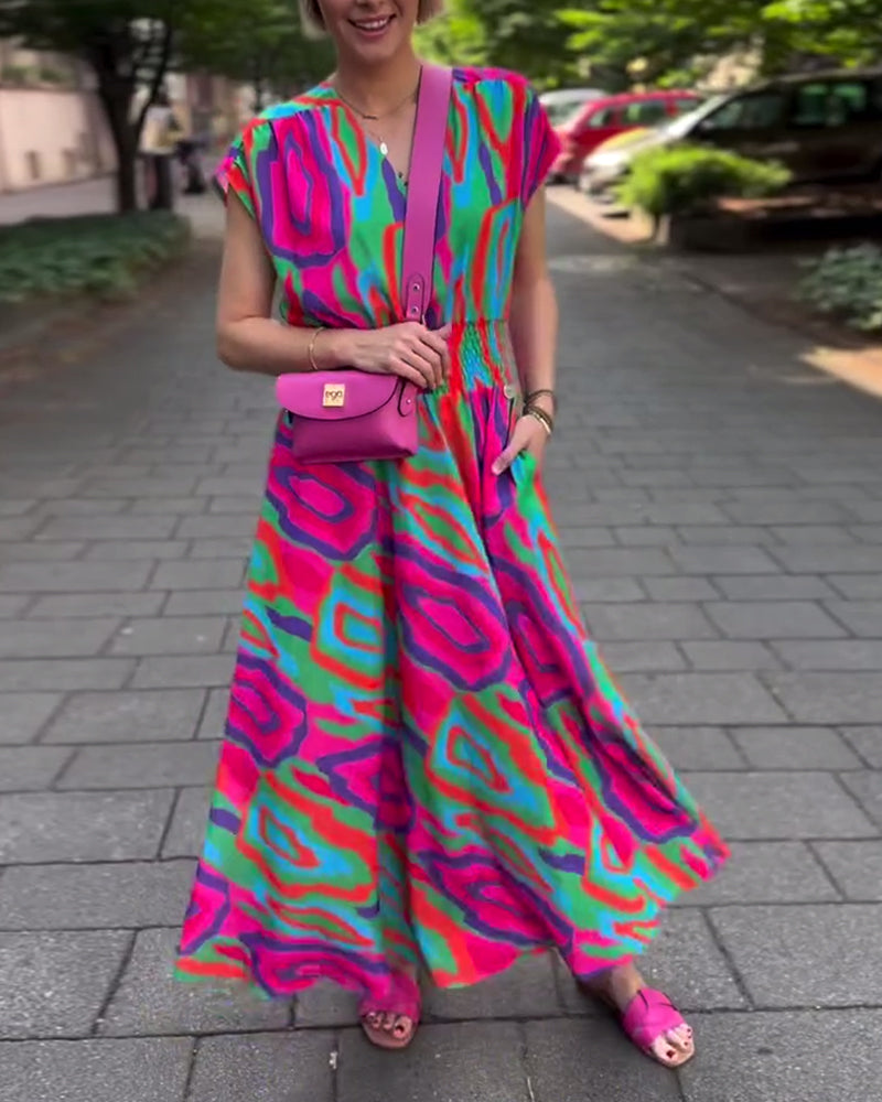 Roxana - Long dress with colorful print, V-neck and raglan sleeves
