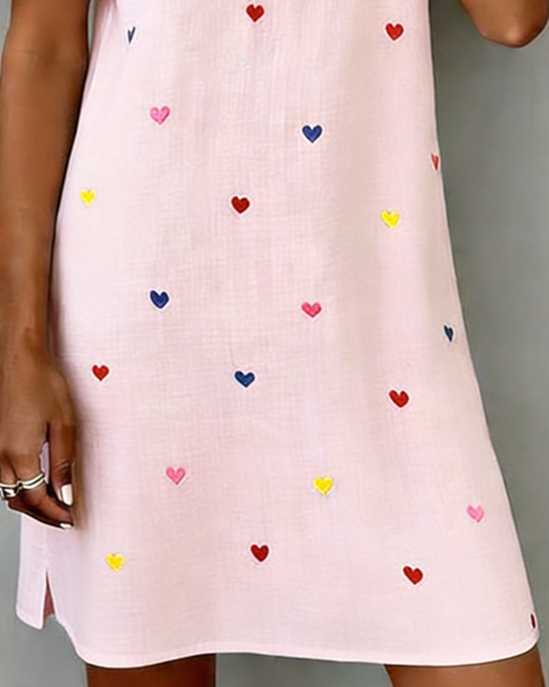 Tivoria - Women's short V-neck dress with heart print, cotton, linen, short sleeves