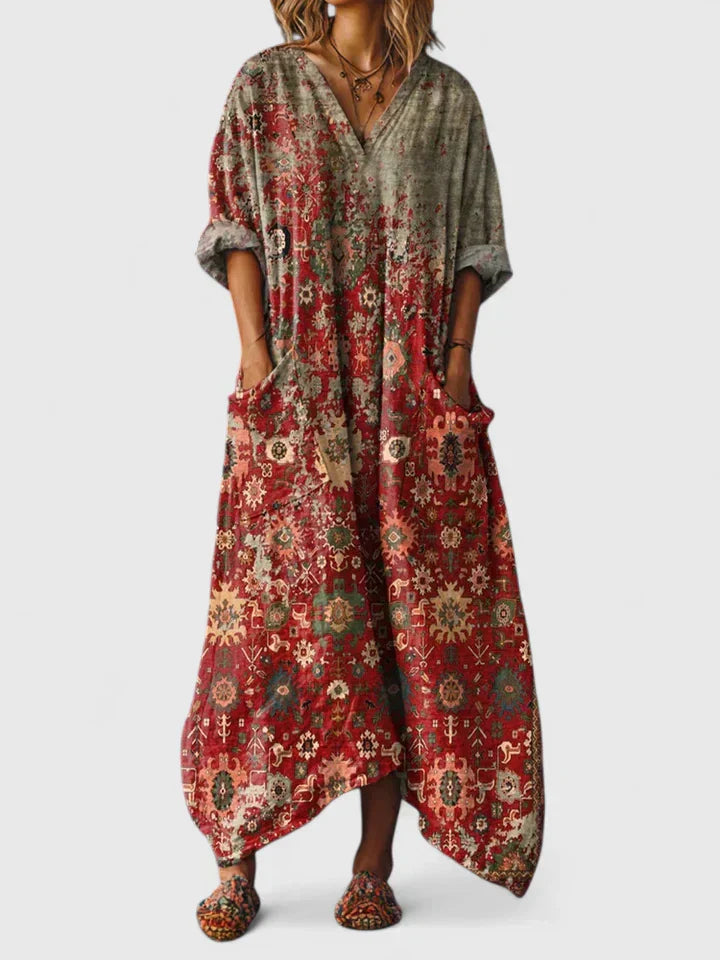 Grazelle - Elegant Bohemian Style Flowy Printed Long Dress