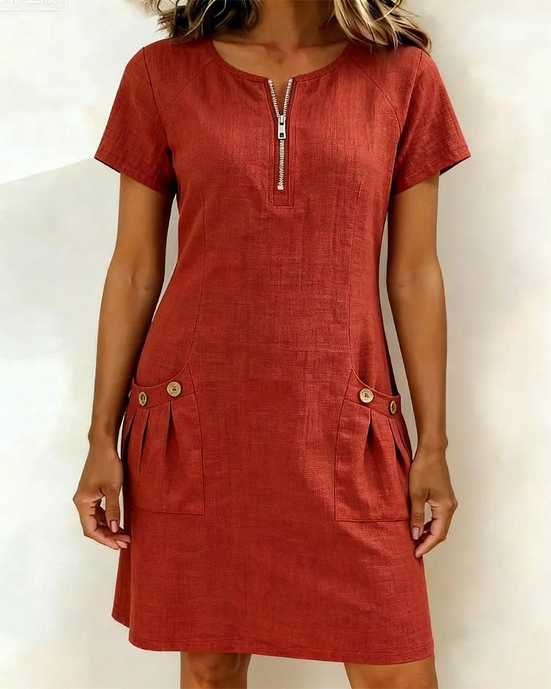 Alythessa - Elegant solid color women's short dress with comfortable pockets