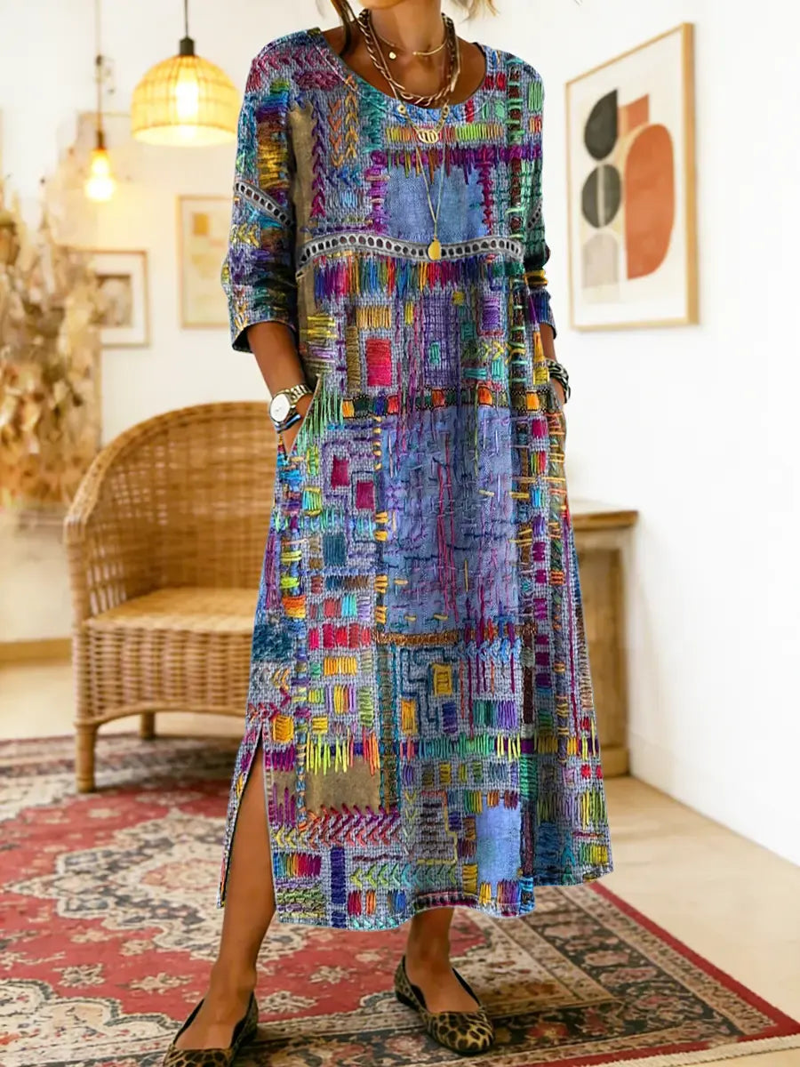 Lunethra - Women's Ethnic Patchwork Denim Dress