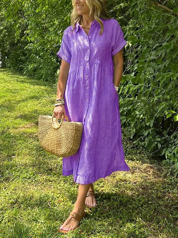 Melania - Striped shirt dress with lapels and buttons | With functional pockets