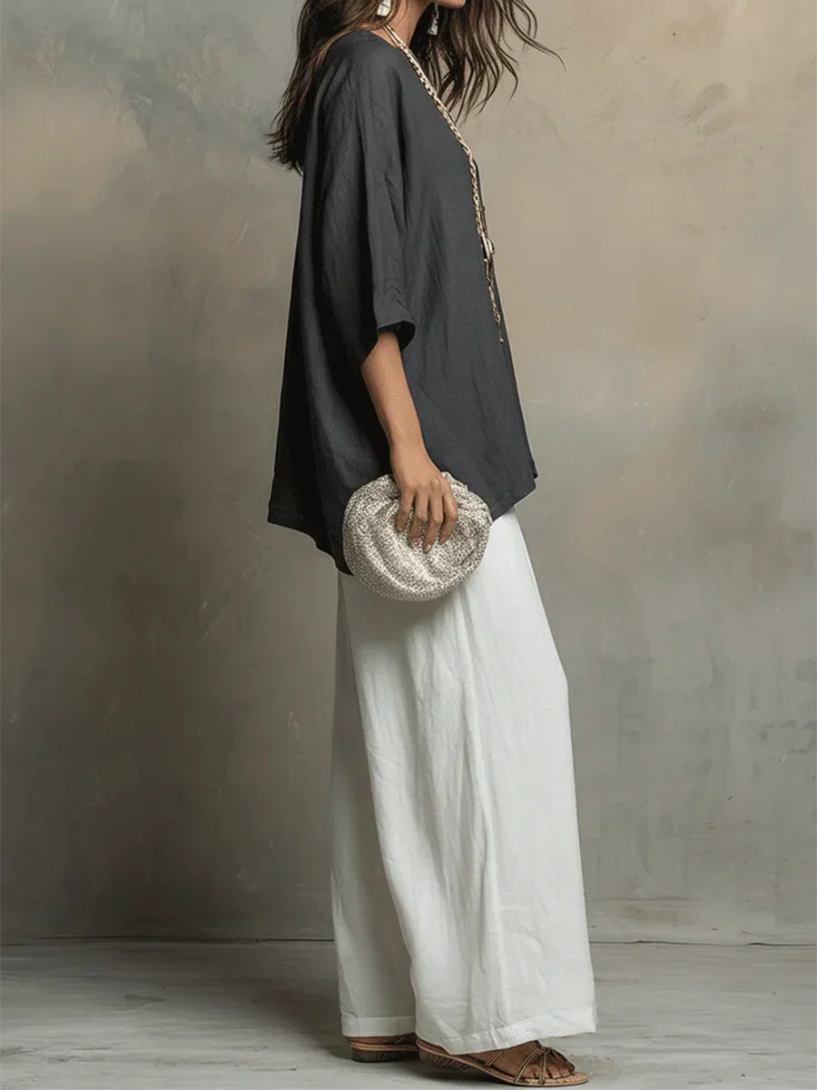 Tyvella - Women's Two-Piece Linen Outfit Loose Fit Wide Leg Pants