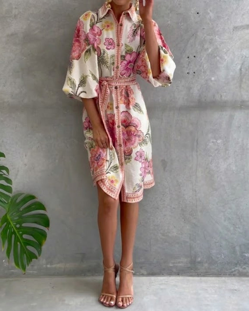 Glyssara - Women's Elegant Floral Dress with Lantern Sleeves and Buttons