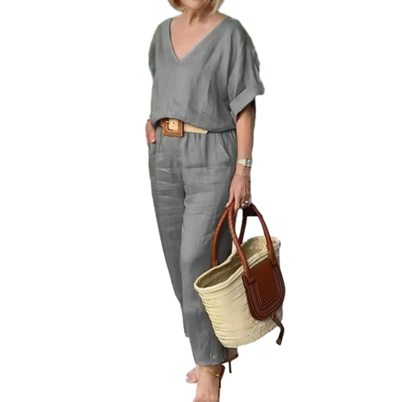 Loxaria - Women's V-neck Top and Pocket Trousers Casual Set
