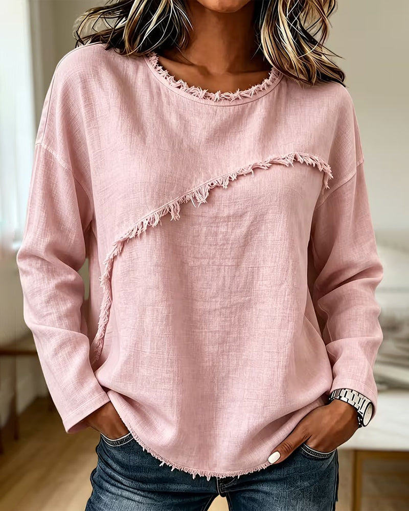 Zora - Blouse femme rose à col rond asymétrique et franges