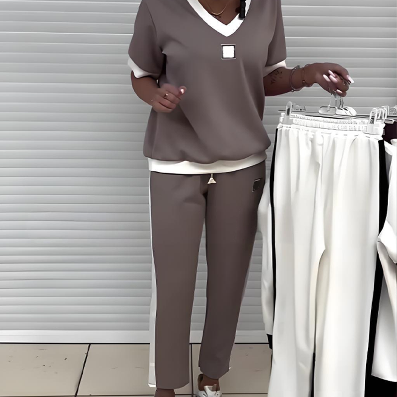 Euphrasie - Women's Casual V-Neck Top and Pants Set