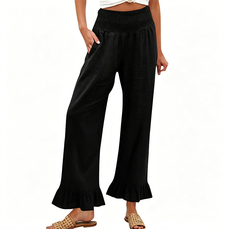 Dorexa - Women's High-Waisted Smocked Wide Leg Boho Cotton Linen Trousers