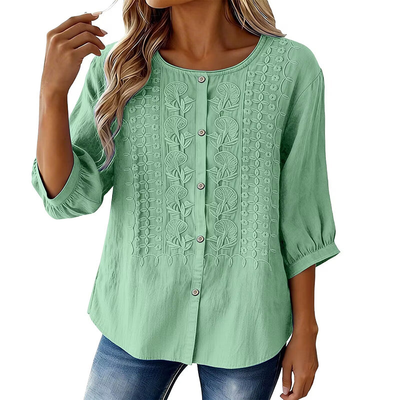 Sorivelle - Women's 3/4-Sleeve Cotton and Linen Embroidered Blouse