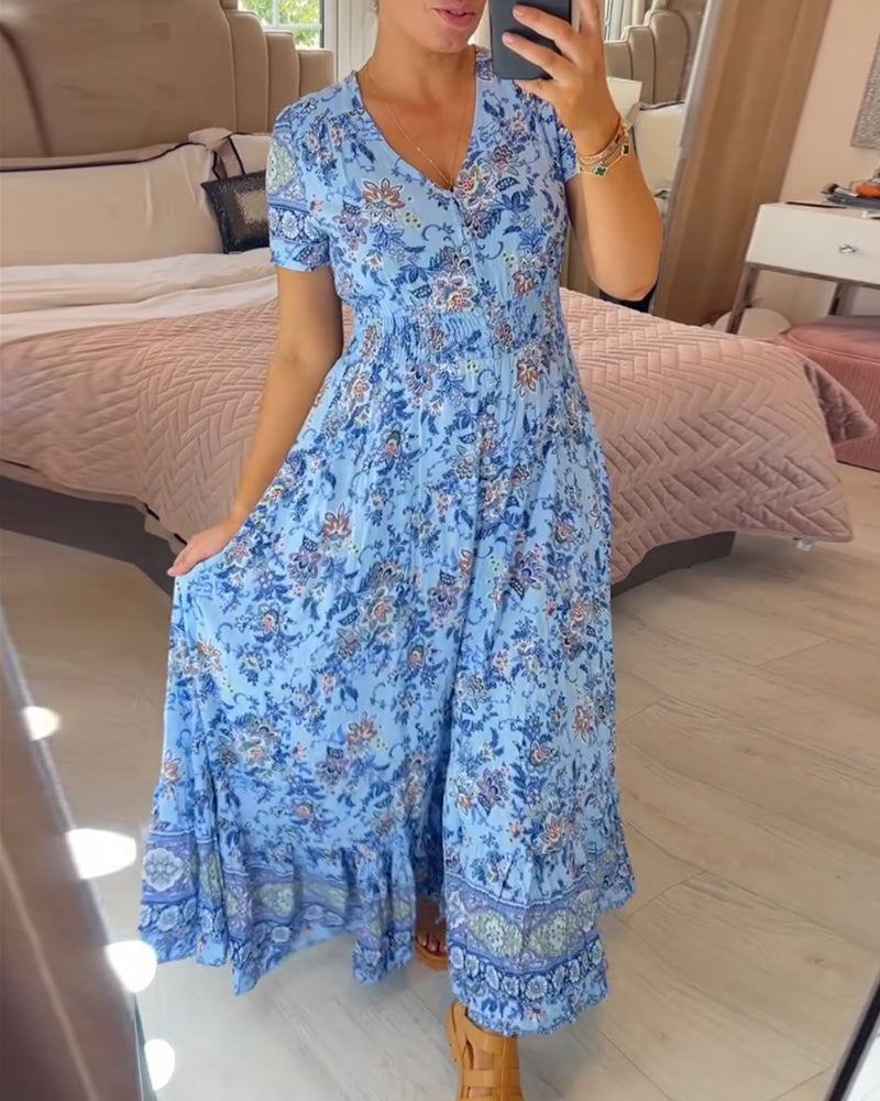 Denise - Floral Print Maxi Dress with V-Neckline