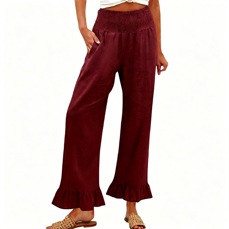 Dorexa - Women's High-Waisted Smocked Wide Leg Boho Cotton Linen Trousers
