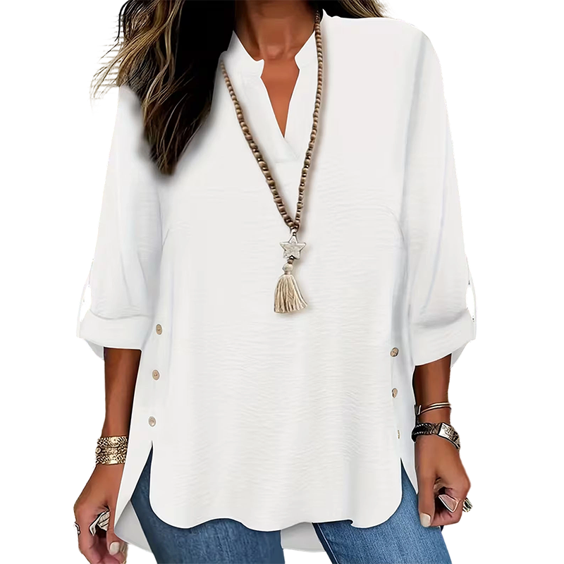 Kymora - Women's Loose V-Neck Top with Side Slits and Buttons