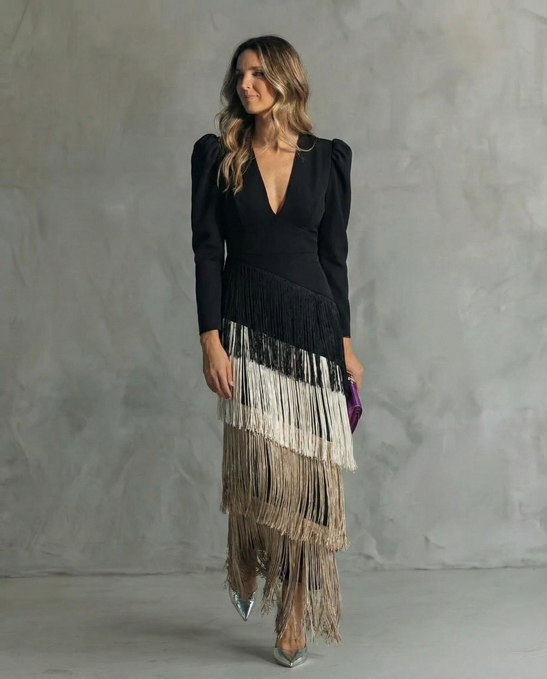 Brigitte - Women's Elegant Fringe V-Neck Long Sleeve Midi Dress
