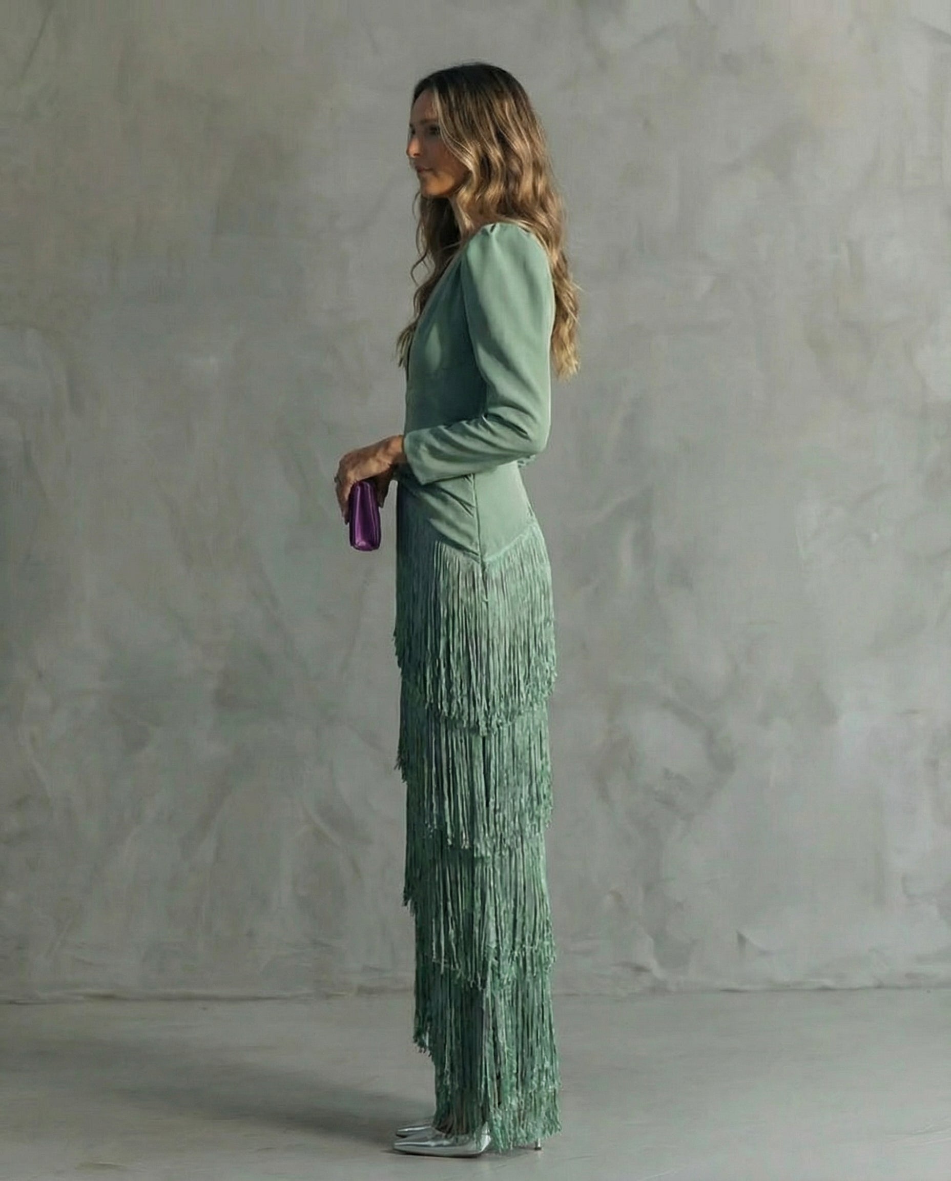 Brigitte - Women's Elegant Fringe V-Neck Long Sleeve Midi Dress