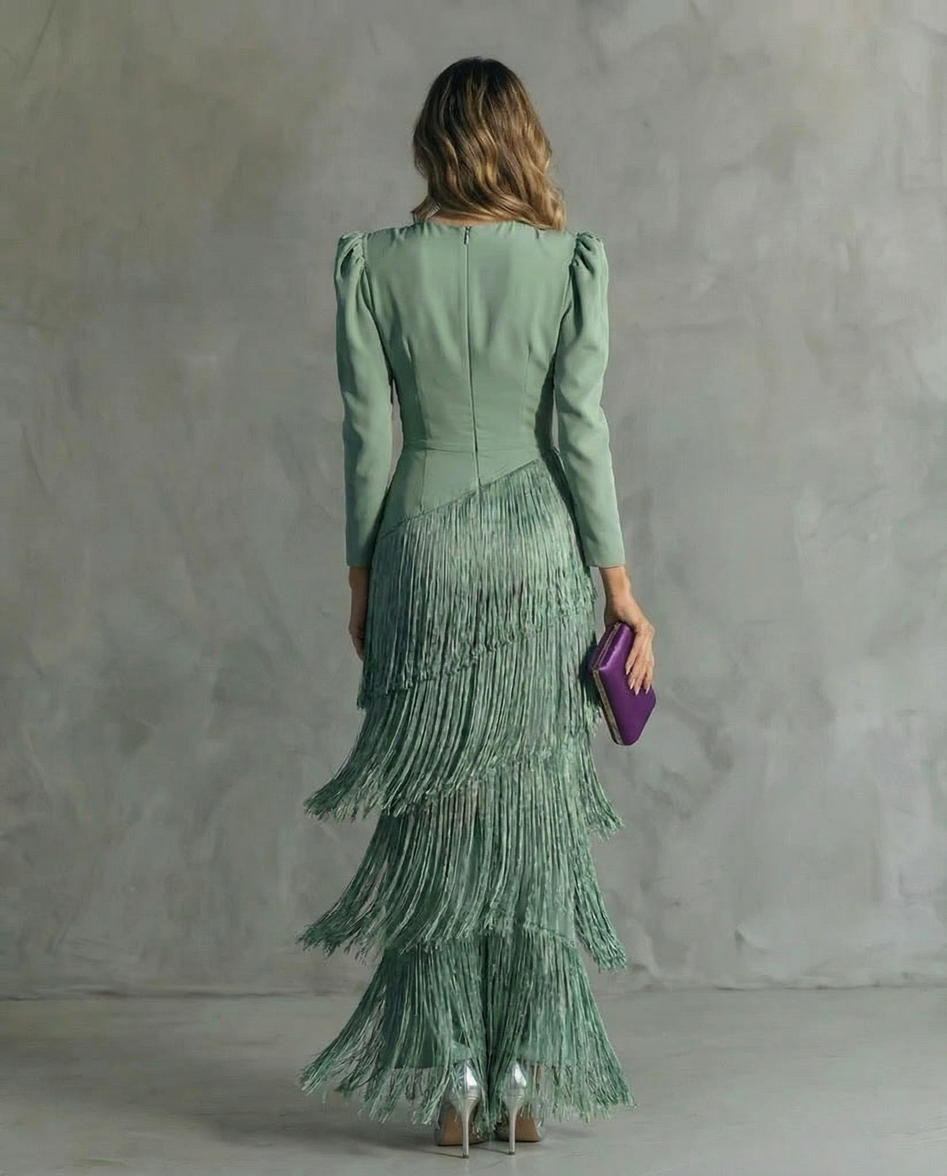 Brigitte - Women's Elegant Fringe V-Neck Long Sleeve Midi Dress