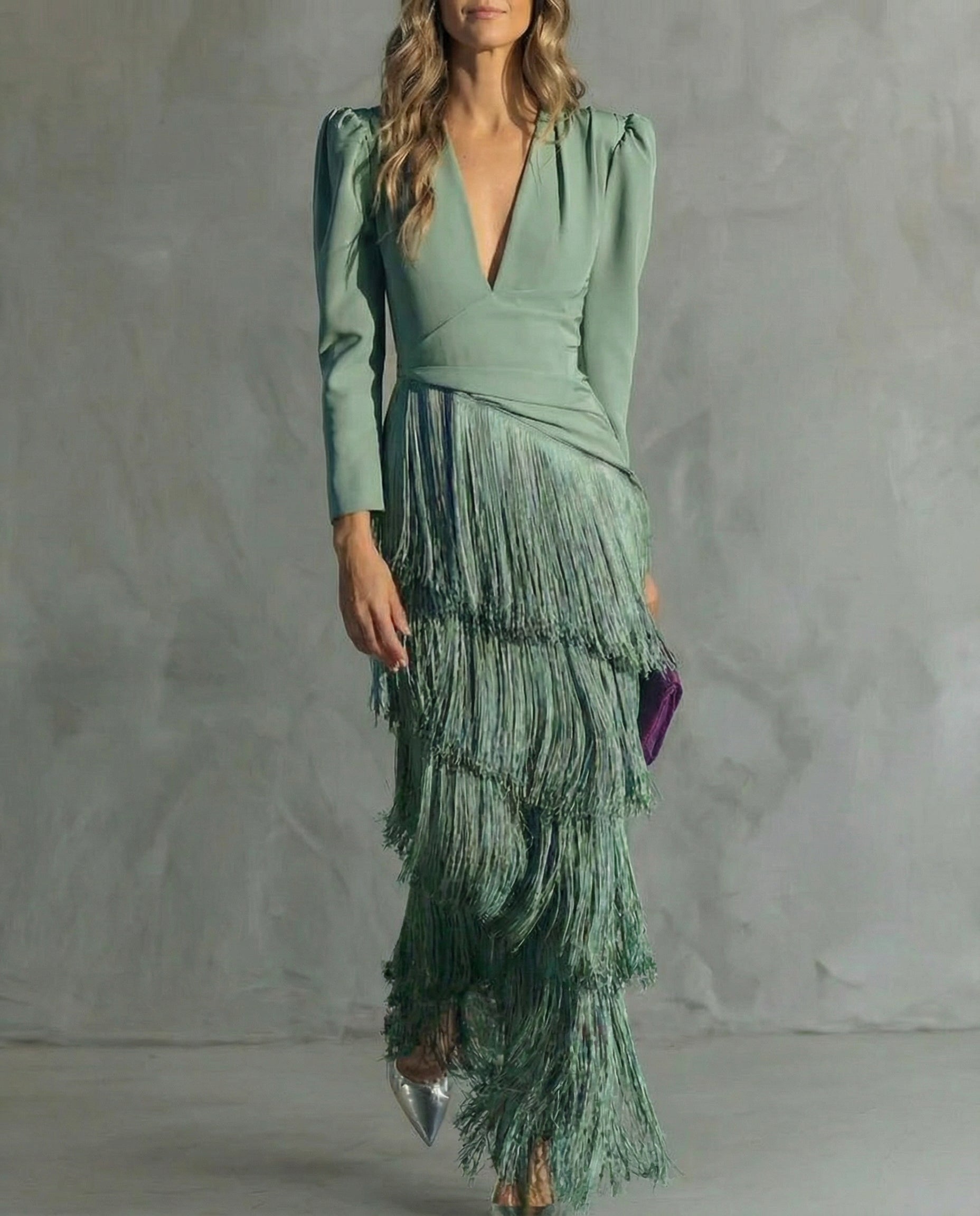 Brigitte - Women's Elegant Fringe V-Neck Long Sleeve Midi Dress