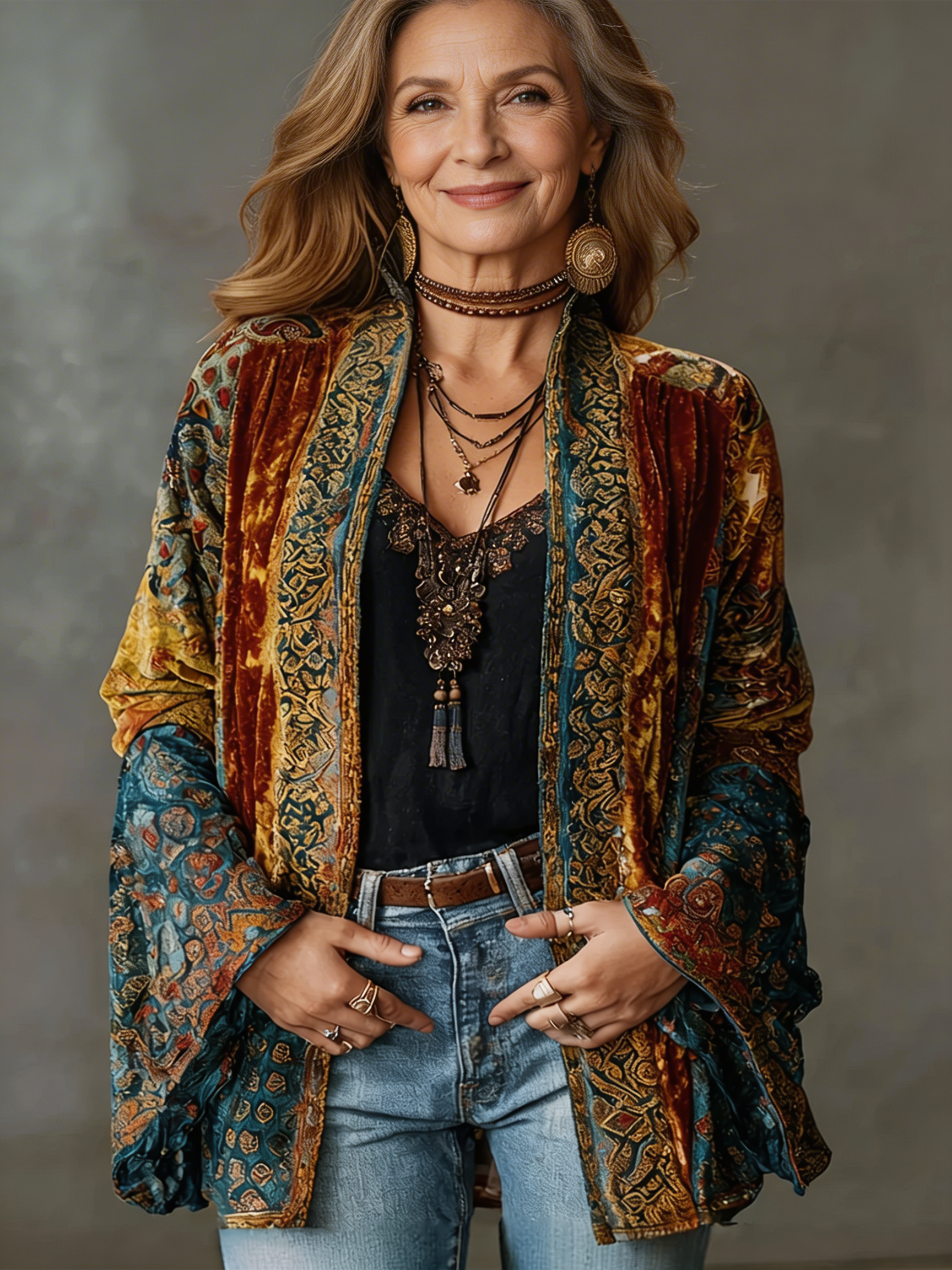 Ariana - Women's Flowy Kimono Jacket with Embroidered Bohemian Pattern, Elegant Style
